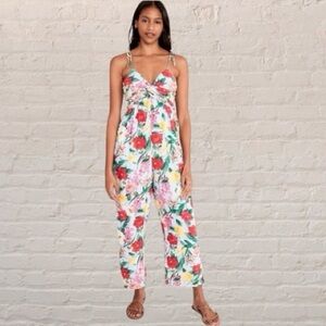 Old Navy linen blend twist knot empire bodice Floral Jumpsuit Blue/Red Size XL